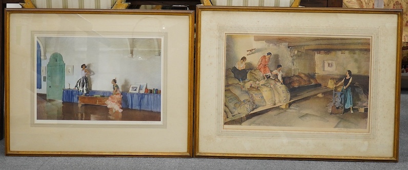 Sir William Russell Flint (1880-1969), two colour prints, ‘Provencal Granary’ and ’In My Studio’, each signed in pencil and blindstamped, largest 37 x 57cm. Condition - poor to fair, foxing throughout